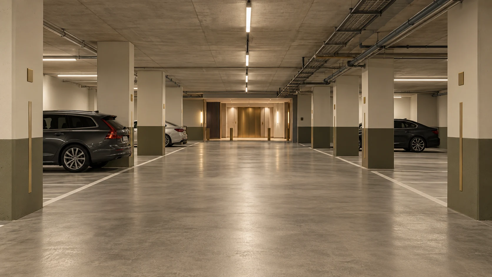 Warm, light-toned underground residential parking interior concept